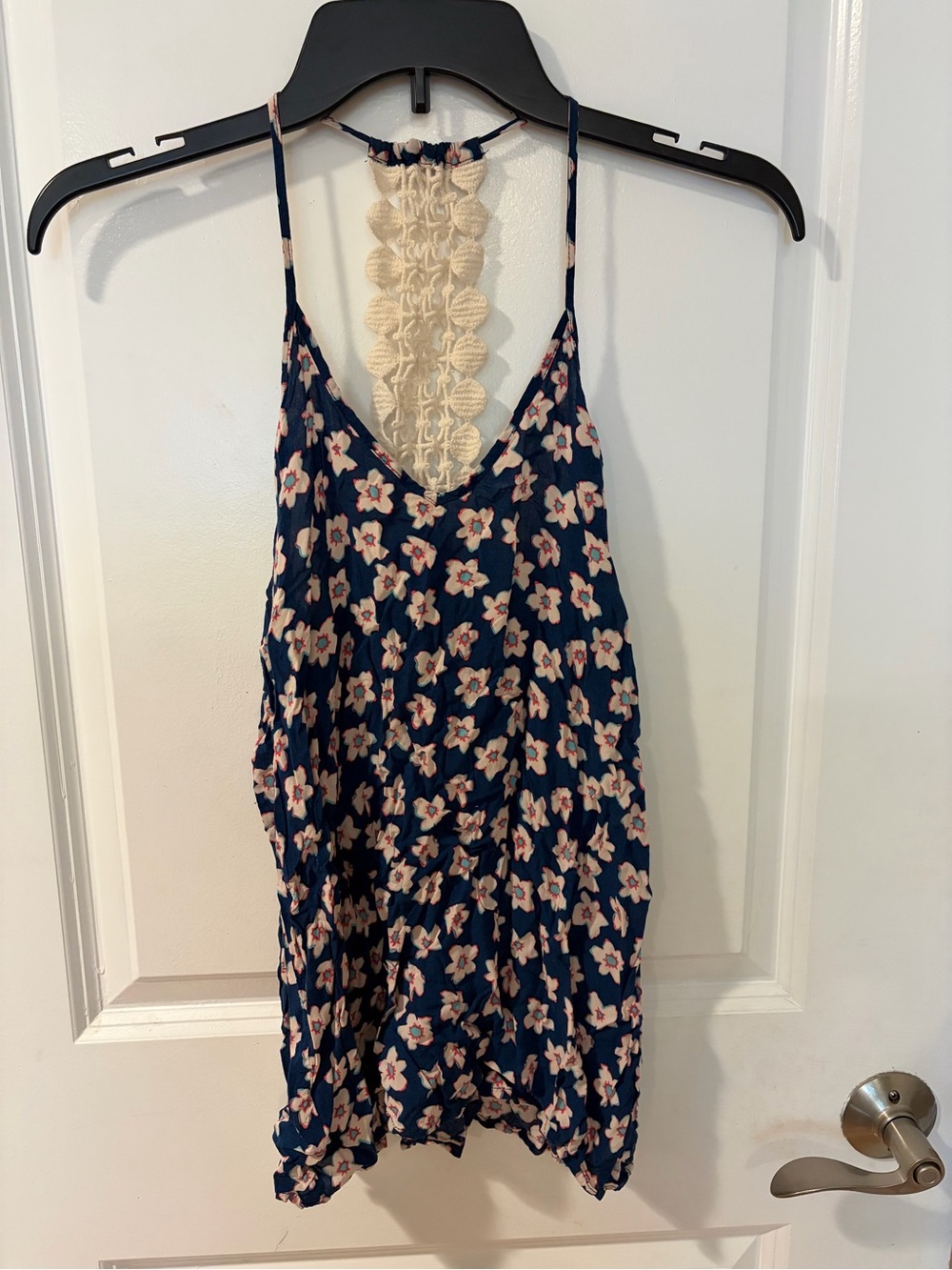 Lace-Back Floral Camisole Tank - Navy with Cream Floral